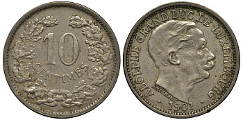 ЛЮКСЕМБУРГ 10 САНТИМОВ 1901 ВЕЛИКИЙ ГЕРЦОГ АДОЛЬФ (1890-1905) КМ 25 медно-никель 4538-725