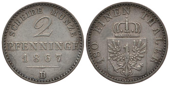 ПРУССИЯ 2 ПФЕННИГА 1867 В, ВИЛЬГЕЛЬМ I (1861-1888) KM 481 медь 186-621