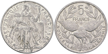 Французская Новая Каледония 5 франков 2008 птица кагу, (IEOM) KM 16, Schoen 12, Lec 81k алюминий 215-514