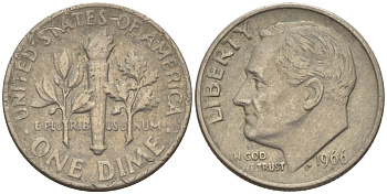 США 10 ЦЕНТОВ = 1 ДАЙМ 1966 РУЗВЕЛЬТ KM 195а медь плакированная медно-никелем 66-1114