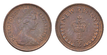 Великобритания 1/2 пенни 1971 Елизавета II (1952-2022) KM 914, Spink 4239 бронза 4532-422