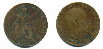 Великобритания 1 пенни 1909 Эдуард VII (1901-1910) KM 794.2, Spink 3990 бронза 47-725