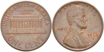 США 1 цент 1960 D, Линкольн, LARGE DATE KM 201 медь цинк 3309-225