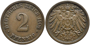 ГЕРМАНИЯ 2 ПФЕННИГА 1908 D KM 16, Jager 11, Weege 4 медь 4546-651