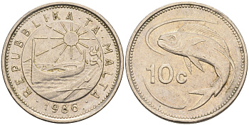 Мальта 10 центов 1986 золотая макрель KM 76 медно-никель 4588-164