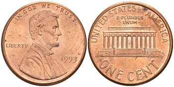 США 1 цент 1993 Авраам Линкольн KM 201b медь цинк UNC 187-662