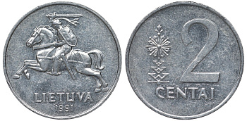 Литва 2 цента 1991 погоня, новая республика (1991-) KM 86 алюминий 4122-323