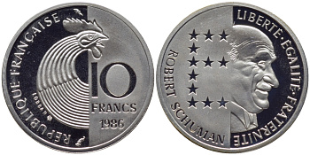 Франция 10 франков 1986 100 лет со дня рождения Роберта Шумана, в оригинальной коробке, тираж 6000 ЭКЗ. KM 958b серебро PROOF 2-5-2-14