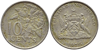 Тринидад и Тобаго 10 центов 1976 цветок гибискуса KM 31 медно-никель 4396-851
