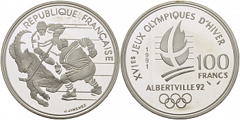 Франция 100 франков 1991 XVI Зимние Олимпийские игры 1992 в Альбервиле, хокей KM 993 серебро PROOF 1077-5-13