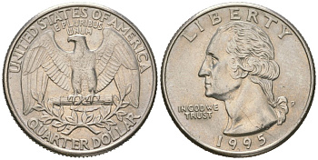 США 25 центов = квотер = 1/4 доллара 1995 P, Джордж Вашингтон KM 164a медь плакированная медно-никелем 216-753