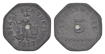 Бенсхайм 5 пфеннигов 1917 Funck 34.2A, Men05 1739.2, Men18 2245.2 цинк 4636-1041
