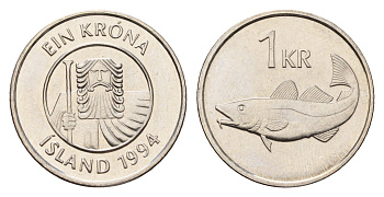 Исландия 1 крона 1994 треска KM 27a сталь плакированная никелем UNC 4647-1218