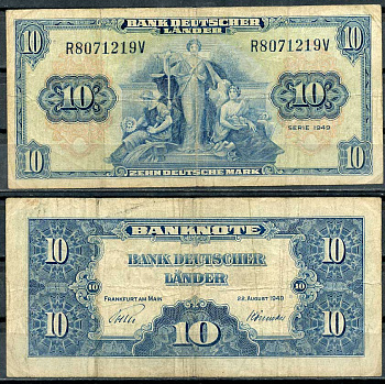 ФРГ 10 марок 1949 22 августа 1949, Франкфурт-на-Майне Pick 16 a, Розенберг 258 бумага 444-2-1-2