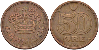 Дания 50 эре 1989 Маргрете II (1972- ) KM 866.1 бронза 28-413