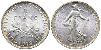 Франция 1 франк 1918 сеятель KM 844.1, Le Franc 217.24 серебро UNC 259-732
