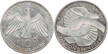 ФРГ 10 марок 1972 G, XX летние Олимпийские игры 1972 года в Мюнхене, символика KM 131, J.402 серебро aUNC 1522-411