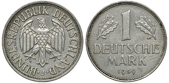 ФРГ 1 МАРКА 1959 J J 385, KM 110 медно-никель 72-655