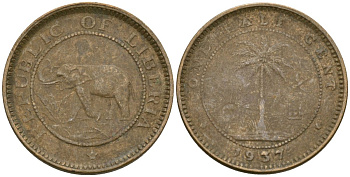 Либерия 1/2 цента 1937 KM 10 латунь 4174-351