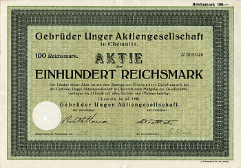 Германия 100 рейхсмарок 1928 АО Братья Унгер, производство специализированного оборудования для мясокомбинатов, колбасных и консервных заводов, Хемниц, акция   бумага  8804-84-1