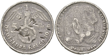 Германия 5 рейхсмарок 1936 A, Пауль фон Гинденбург (1847-1934), символика KM 86 серебро 4131-311