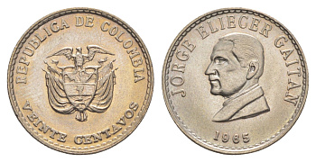 Колумбия 20 сентаво 1965 Хорхе Эльесер Гайтан KM 224 медно-никель UNC 4652-1111