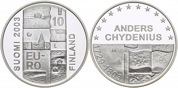 Финляндия 10 евро 2003 200 лет со дня смерти Андерса Чудениуса KM 110 серебро PROOF 11-176-42