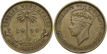 Британская Западная Африка 1 шиллинг 1939 Георг VI (1937-1952), пальма KM 23 никель латунь 27-1037