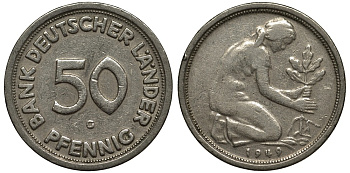 ФРГ 50 пфеннигов 1949 G, монетный двор Карлсруэ KM 104, J. 379 медно-никель 186-831