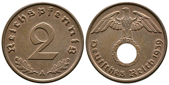 Германия 2 рейхспфеннига 1939 A KM 90, J. 362 бронза 220-568