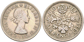 Великобритания 6 пенсов 1954 Елизавета II (1952-2022) KM 903, Spink 4149 медно-никель 4588-522