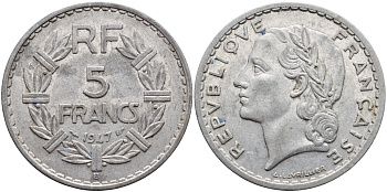 Франция 5 франков 1947 B, открытая 9, тип Лаврийе KM 888b.2, Le Franc 339.11 алюминий 4526-514