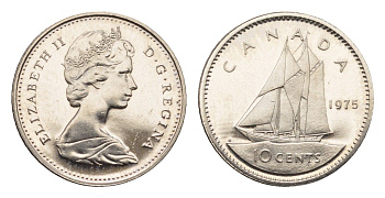 Канада 10 центов 1975 Елизавета II (1952-2022), парусник KM 77 никель PROOF-LIKE (BU) 413-3613