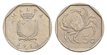 Мальта 5 центов 1995 краб KM 95 медно-никель 4632-859