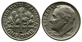 США 10 ЦЕНТОВ = 1 ДАЙМ 1981 P, РУЗВЕЛЬТ KM 195а медь плакированная медно-никелем 57-1215