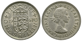 Великобритания 1 шиллинг 1963 Елизавета II (1952-2022), Английский герб KM 904, Spink 4147 медно-никель 4384-517