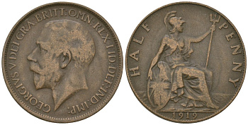 Великобритания 1/2 пенни 1919 Георг V (1910-1936) KM 809, Spink 4056 бронза 4163-941