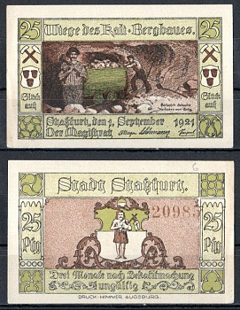 Штасфурт (Пруссия, Саксония) 25 пфеннигов 1921 Mehl Grabowski 1256.2b-6/6 бумага UNC (пресс) 7556-67-3-2