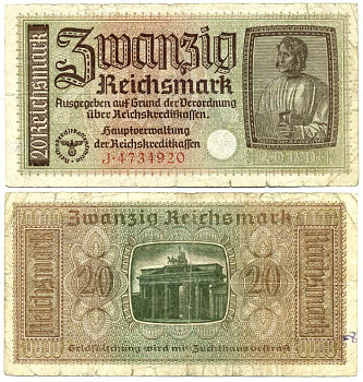 ГЕРМАНИЯ 20 РЕЙХСМАРОК 1940-1945 ДЛЯ ОККУПИРОВАННЫХ ТЕРРИТОРИЙ Pick R139 бумага 3295-67-1