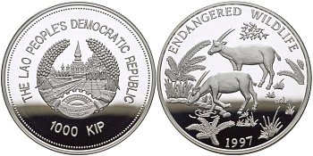 Лаос 1000 кипов 1997 серия защита природы, длиннорогая саола KM 67 серебро PROOF 00-00