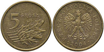 Польша 5 грошей 2004 MW KM 278, Parchimowicz 703k латунь 201-432