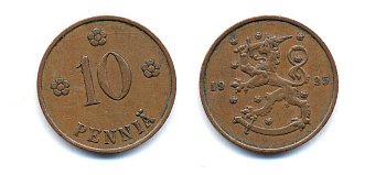 Финляндия 10 пенни 1935 республика (1918-1962) KM 24 медь 51-5443