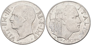 ИТАЛИЯ 20 ЧЕНТЕЗИМО 1941 R, ГОД XIX, ВИКТОР ЭММАНУИЛ III (1900-1946) KM 75b, VEM3. 1028 нержавеющая сталь 3853-1143