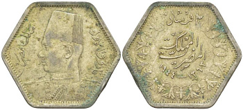 Египет 2 пиастра 1944 АН1363, Фарук I (1936-1952) KM 369 серебро 4516-1068