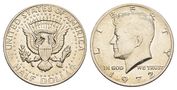 США 1/2 доллара (50 центов) 1972 Джон Кеннеди KM 202b медь плакированная медно-никелем aUNC 4157-744