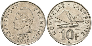Французская Новая Каледония 10 франков 2010 рыбачья парусная лодка, (IEOM) KM 11a, Schoen 13a, Lec 99k медно-никель 3459-225