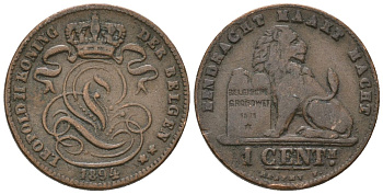 Бельгия 1 сантим 1894 Belgen, Леопольд II (1865-1909) KM 34.1 медь 4621-644