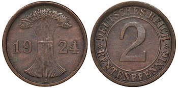 Германия 2 рентенпфеннига 1924 J KM 31, J.307 бронза 4164-369