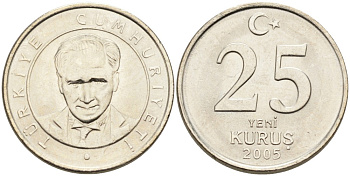 Турция 25 курушей 2005 Кемаль Ататюрк KM 1167 медь никель цинк UNC 4681-1223