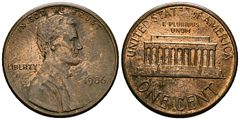 США 1 цент 1986 Линкольн KM 201b цинк плакированный медью 4136-318